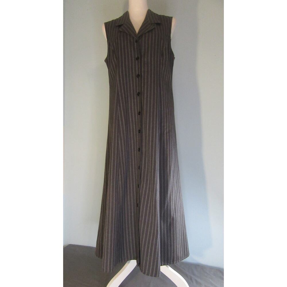Vtg. Worthington Dress Button Front Pinstripe Black Sleeveless Maxi Womens 10.